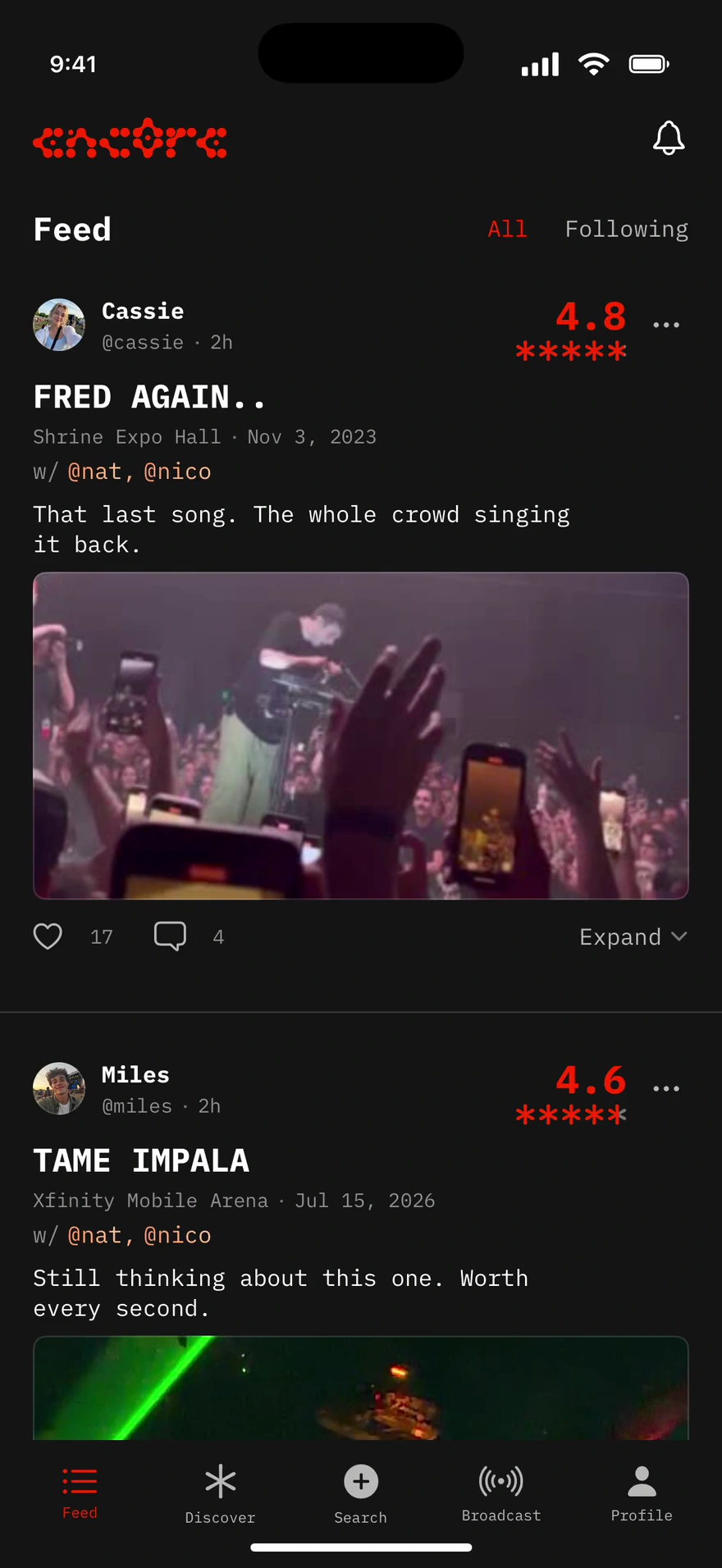 enc0re feed: browse concert posts, like a Fred again.. show, and leave a comment saying Still thinking about this night